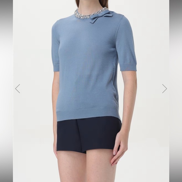 Valentino Light Blue Embellished Short Sleeve Top - Picture 2 of 5